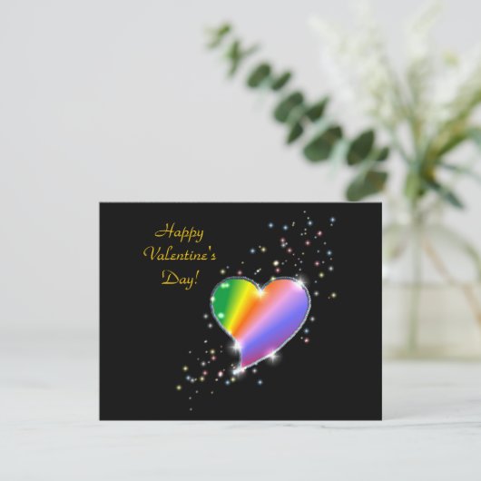 Valentijnsdag - Rainbooghartslag met sterren op zw Feestdagenkaart (Staand voorkant)