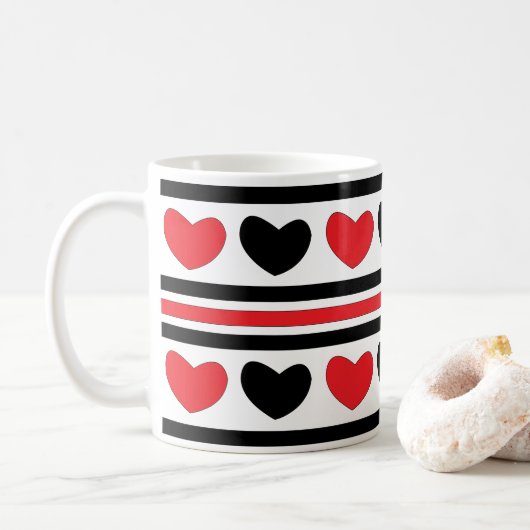 Valentijnsdag Red Black, snijstripes patroon Koffiemok (Met donut)