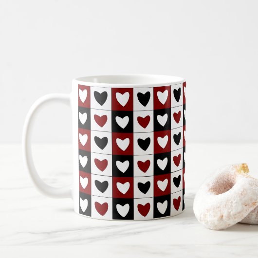 Valentijnsdag Red Black White Hearts Pattern Koffiemok (Met donut)