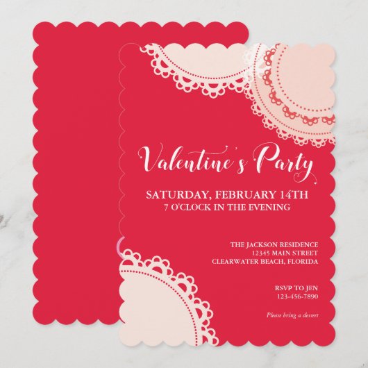 Valentijnsdag Red White Doilies Party Kaart (Voorkant / Achterkant)