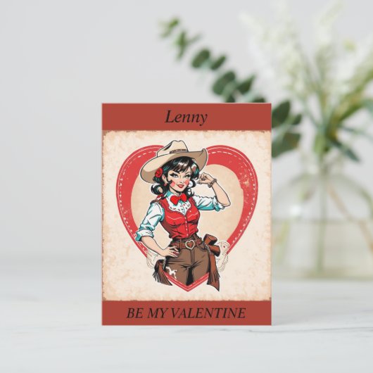 VALENTIJNSDAG Retro Cowgirl bewerkbaar Briefkaart (Staand voorkant)