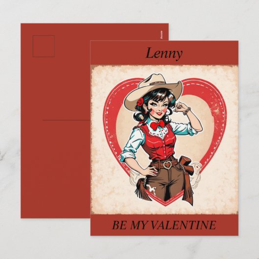 VALENTIJNSDAG Retro Cowgirl bewerkbaar Briefkaart (Voorkant / Achterkant)