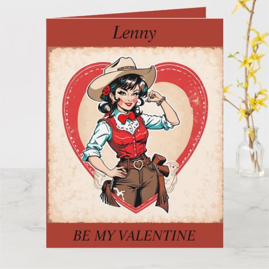 VALENTIJNSDAG Retro Cowgirl bewerkbare Postkaart Kaart (Gele Bloem)