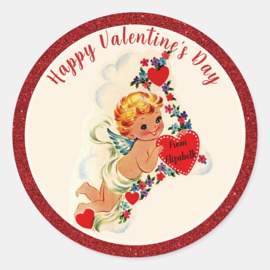  Valentijnsdag Retro Cupido Rood Aangepast Ronde Sticker (Voorkant)