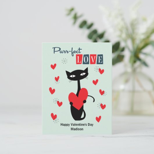 Valentijnsdag Retro Mid Century Cat Feestdagenkaart (Staand voorkant)