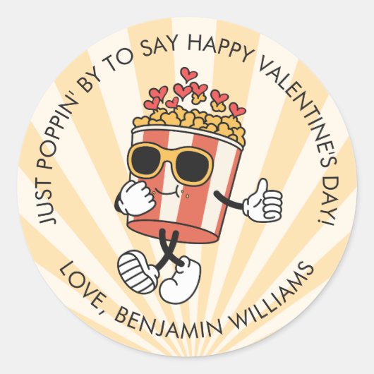 Valentijnsdag Retro Popcorn Favor Treat van naam Ronde Sticker (Voorkant)