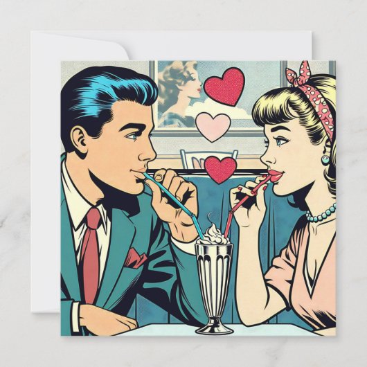 Valentijnsdag | Retro stel dat milkshakes drinkt Feestdagenkaart (Voorkant)