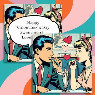 Valentijnsdag   Retro stel dat milkshakes drinkt Feestdagenkaart