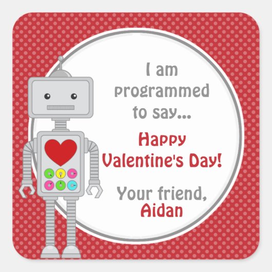 Valentijnsdag Robot, Kinder gepersonaliseerde Vale Vierkante Sticker (Voorkant)