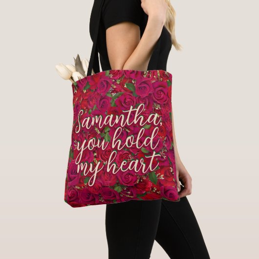 Valentijnsdag Rode Rozen Aangepaste Bericht Tote Bag (Dichtbij)