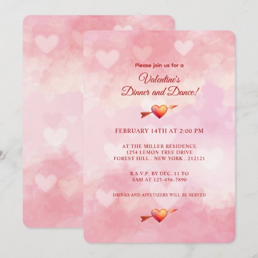 Valentijnsdag Romantic Pink Heart Invitation Kaart (Voorkant / Achterkant)