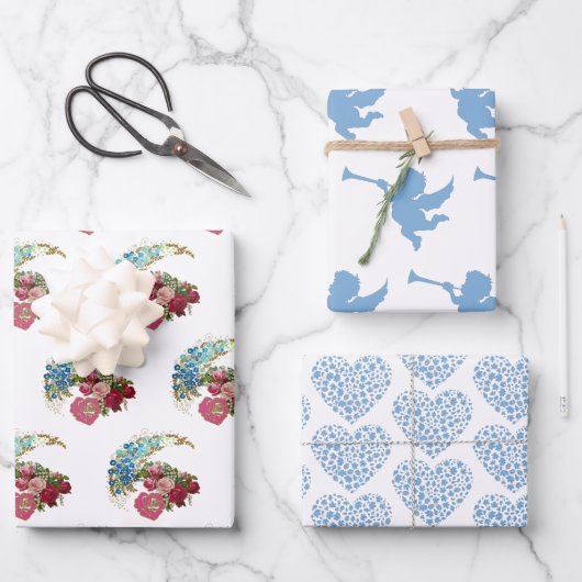 Valentijnsdag Romantic Roos Cupid Harts Blue Art Inpakpapier Vel (Voorkant)