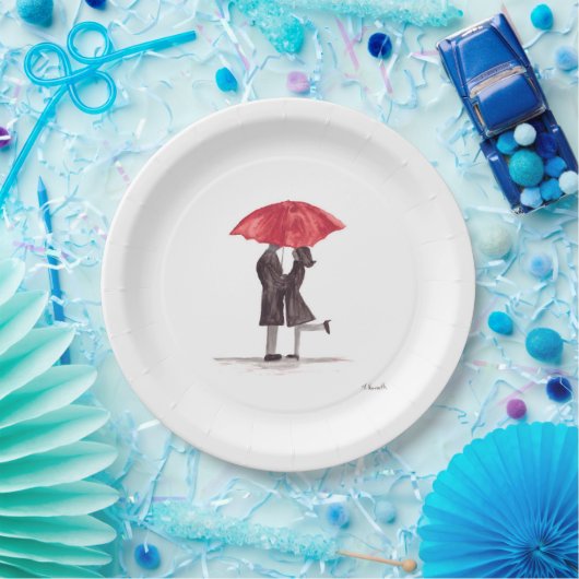 Valentijnsdag romantisch koppel met rode paraplu papieren bordje (Feest)