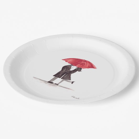 Valentijnsdag romantisch koppel met rode paraplu papieren bordje (Gekanteld)