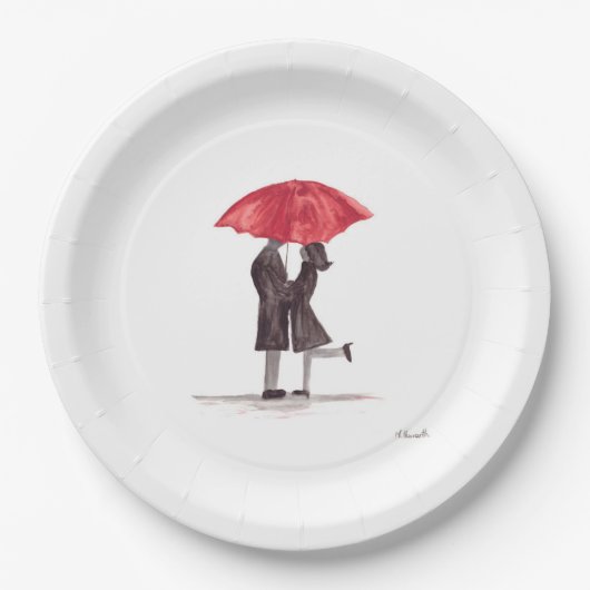 Valentijnsdag romantisch koppel met rode paraplu papieren bordje (Voorkant)