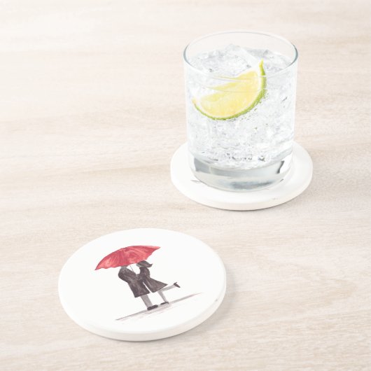 Valentijnsdag romantisch koppel met rode paraplu zandsteen onderzetter (Zijkant)