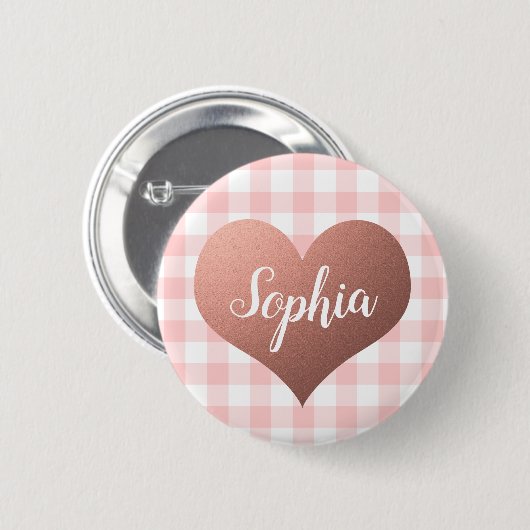 Valentijnsdag Rood Gingham Hart Aangepaste Naam Ronde Button 5,7 Cm (Voorkant /achterkant)