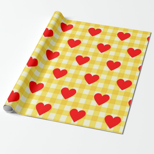 Valentijnsdag Rood Hart Geel Gingham Patroon Cadeaupapier (Uitgerold)