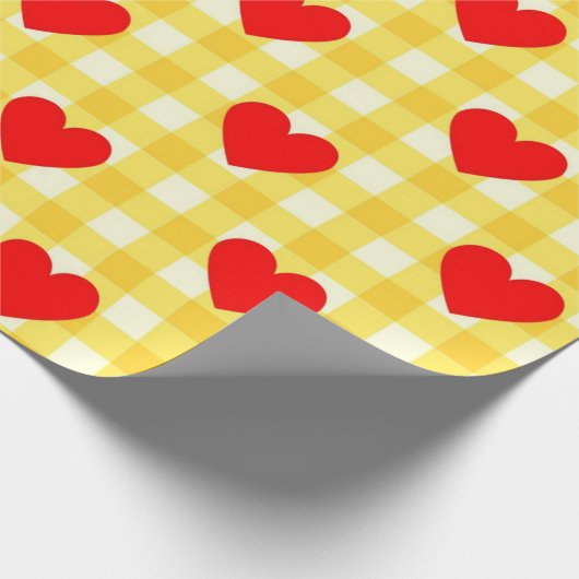 Valentijnsdag Rood Hart Geel Gingham Patroon Cadeaupapier (Hoek)