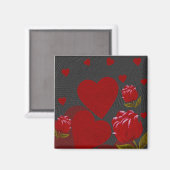 Valentijnsdag, rood hart, rode roos op grijs magneet (Voorkant / Achterkant)