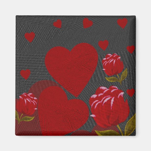 Valentijnsdag, rood hart, rode roos op grijs magneet (Voorkant)