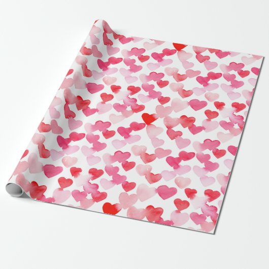Valentijnsdag Rood & Roze Waterverf Harten Cadeaupapier (Uitgerold)