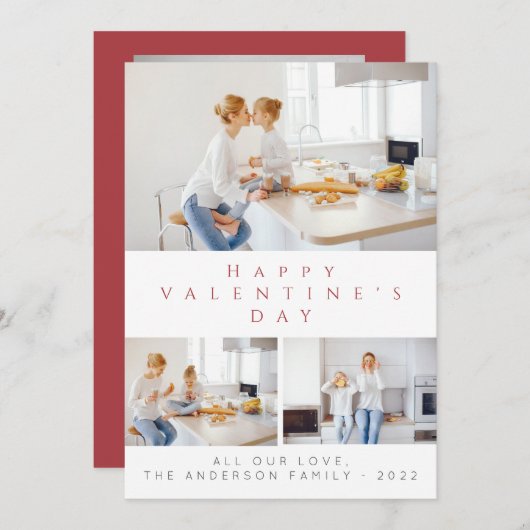 Valentijnsdag rood script 3 collage multi-foto feestdagenkaart (Voorkant / Achterkant)