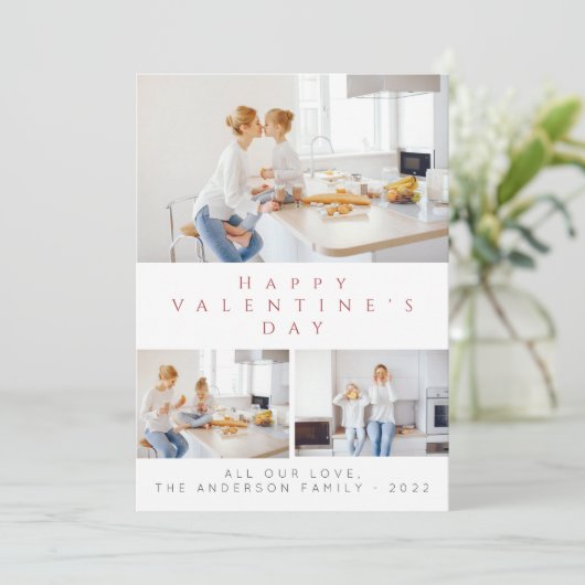 Valentijnsdag rood script 3 collage multi-foto feestdagenkaart (Staand voorkant)