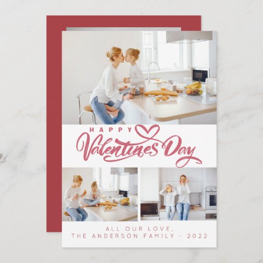 Valentijnsdag rood script 3 collage multi-foto feestdagenkaart (Voorkant / Achterkant)