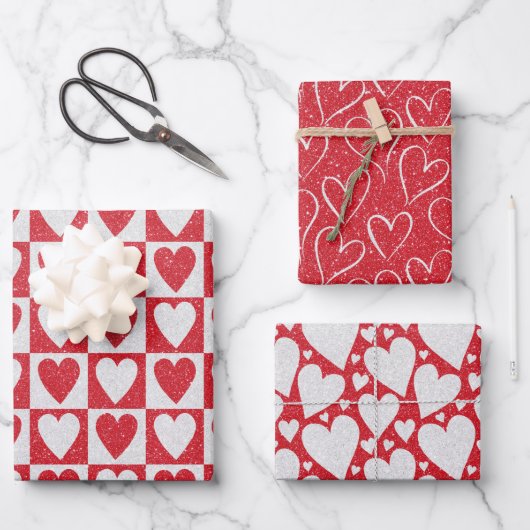 Valentijnsdag Rood Wit Glitter Harten Trendy Inpakpapier Vel (Voorkant)