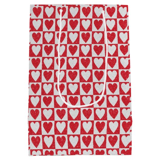 Valentijnsdag Rood Wit Glitter Harten Trendy Medium Cadeauzakje (Achterkant)