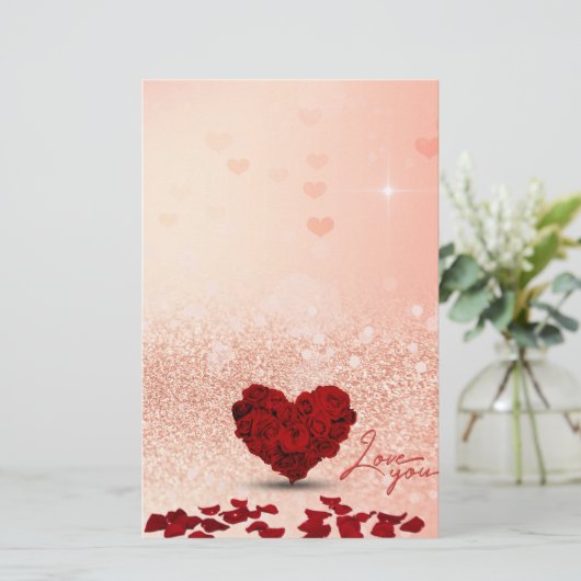 Valentijnsdag Roos Heart Bouquet - Stationery Briefpapier (Staand voorkant)