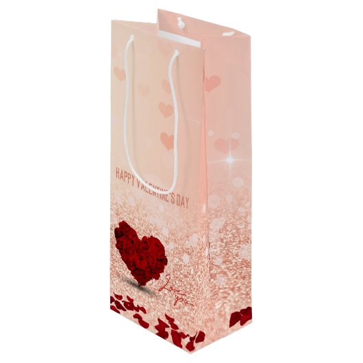 Valentijnsdag Roos Heart Bouquet - Wine Gift Bag Wijn Cadeautas (Voorkant Gekanteld)