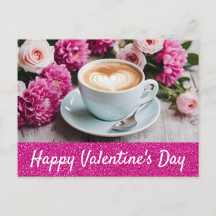 Valentijnsdag Roze Bloemen Cappuccino Koffie Hart Briefkaart