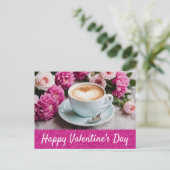 Valentijnsdag Roze Bloemen Cappuccino Koffie Hart Briefkaart (Staand voorkant)