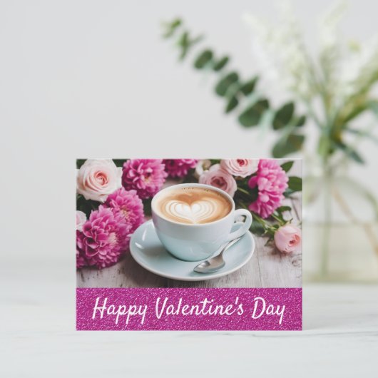 Valentijnsdag Roze Bloemen Cappuccino Koffie Hart Briefkaart (Staand voorkant)