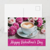 Valentijnsdag Roze Bloemen Cappuccino Koffie Hart Briefkaart (Voorkant / Achterkant)