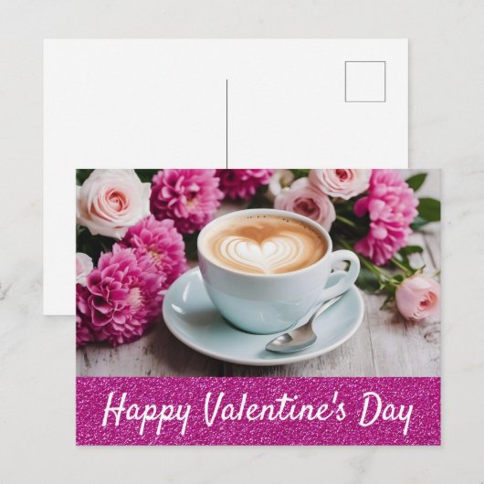 Valentijnsdag Roze Bloemen Cappuccino Koffie Hart Briefkaart (Voorkant / Achterkant)