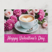 Valentijnsdag Roze Bloemen Cappuccino Koffie Hart Briefkaart (Voorkant)