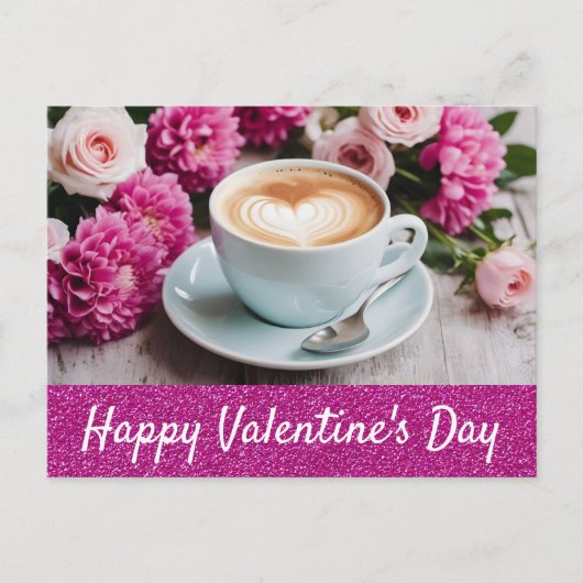 Valentijnsdag Roze Bloemen Cappuccino Koffie Hart Briefkaart (Voorkant)
