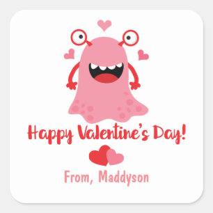 Valentijnsdag Roze Cartoon Monster en harten Vierkante Sticker