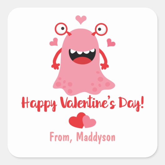 Valentijnsdag Roze Cartoon Monster en harten Vierkante Sticker (Voorkant)