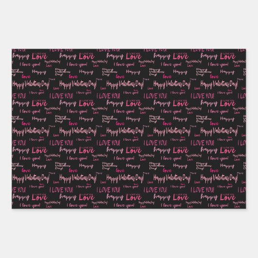 Valentijnsdag Roze en Black Hearts Script love Inpakpapier Vel (Voorkant)