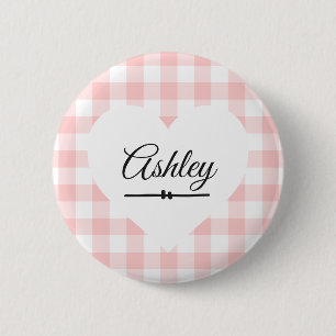 Valentijnsdag Roze Gingham Hart Aangepaste Naam Ronde Button 5,7 Cm