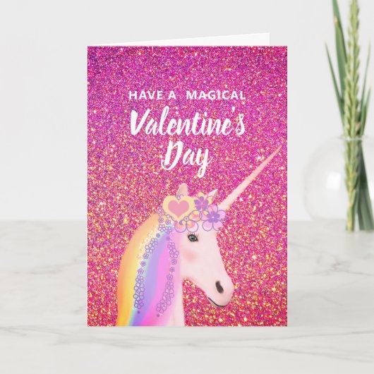 Valentijnsdag Roze Glitter Unicorn Kinder Feestdagen Kaart (Voorkant)