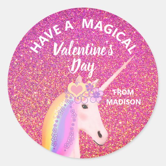 Valentijnsdag Roze Glitter Unicorn Persoonlijk Ronde Sticker (Voorkant)
