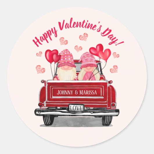 Valentijnsdag Roze Gnome Red Truck Love Ronde Sticker (Voorkant)