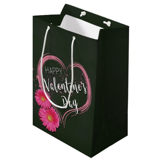 Valentijnsdag Roze hartbloemen Gemiddelde Gift Bag Medium Cadeauzakje (Voorkant Gekanteld)
