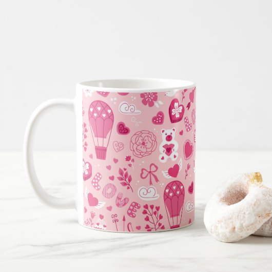 Valentijnsdag roze harten Beer bloemen Koffiemok (Met donut)