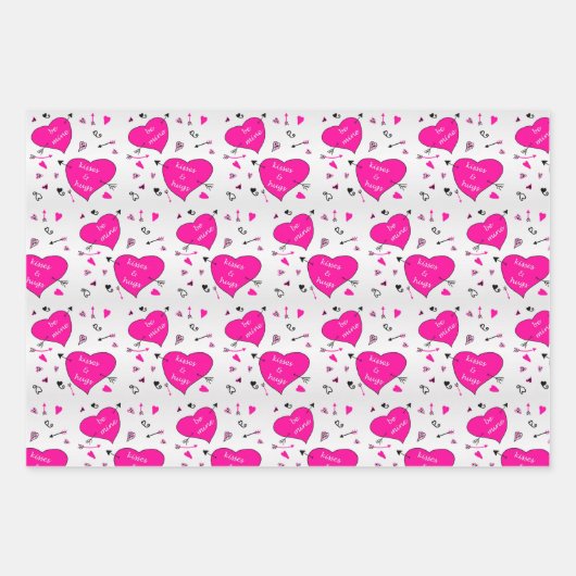 Valentijnsdag Roze harten Hugs n Kisses Inpakpapier Vel (Voorkant 2)
